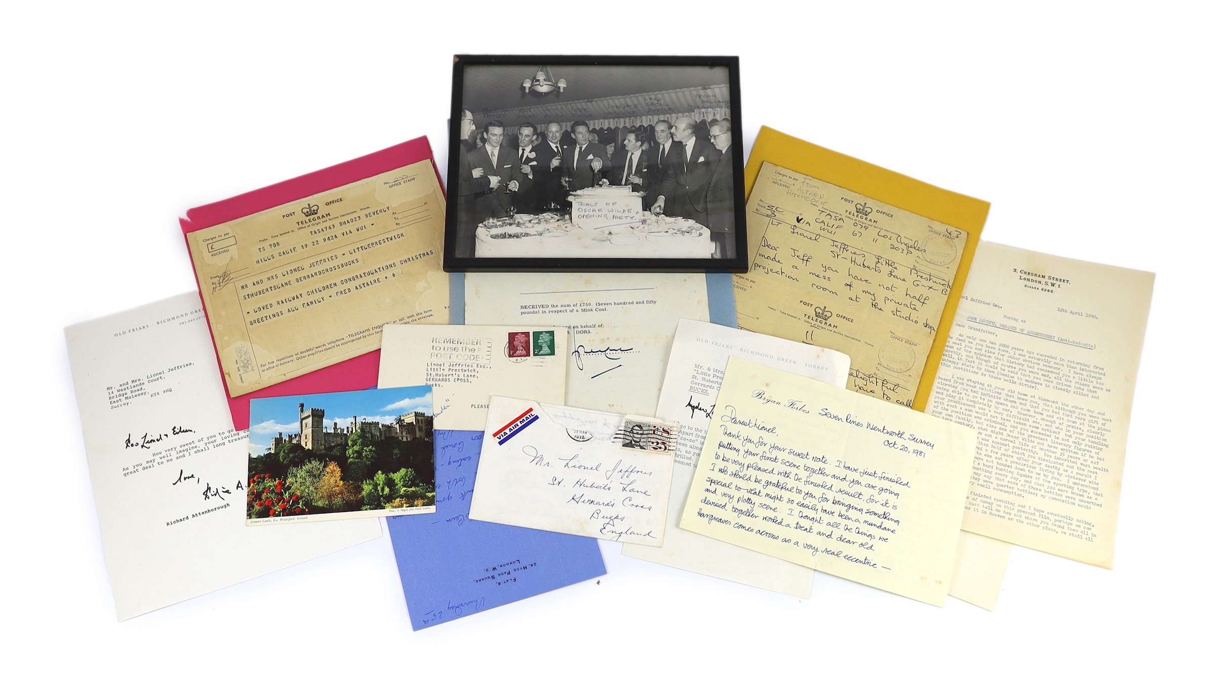 A collection of 13 autograph letters and telegrams to Lionel Jeffries, from 20th century film and theatre celebrities, consisting